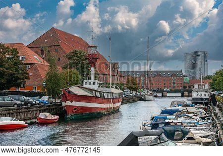 Copenhagen, Denmark - September 14, 2010: Historic Red-white Lighthouse Boat Docked In Frederiksholm
