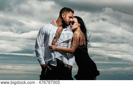 Sexy Beauty Couple. Horny Hot Young Couple Embracing. Loving People. Woman Touch Naked Mans Bare Tor