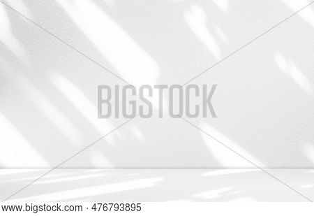 Shadow Studio Background,white Grey Abstract Light Overlay Leaf On Wall Table Product Podium Minimal