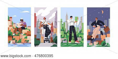 Giant People In City, Vertical Cards Set. Modern Urban Lifestyle Concept. Big Huge Characters Life. 