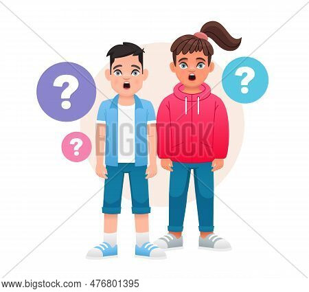 Portrait Of Surprised Schoolchildren. A Boy And A Girl Surrounded By Question Bubbles. Children's Pr