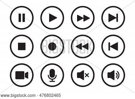 Audio, Video, Music Player Circle Button Icon. Sound Control, Play, Pause Button Solid Icon Set. Cam