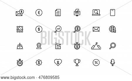 Business And Finance Web Icons. Vector Business And Finance Outline Stroke Line Icon Set With Money,
