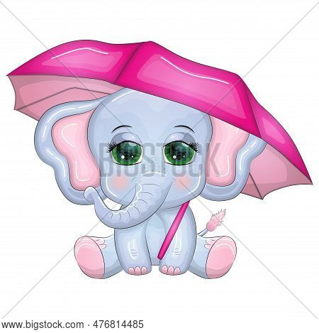 Cute Cartoon Elephant, Childish Character With Beautiful Eyes With Umbrella, Autumn