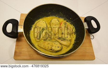 Sarso Hilsa Or Fish Cooked In Mustard Gravy Is An Authentic Bengali Dish Or Cuisine Is Kept On A Coo