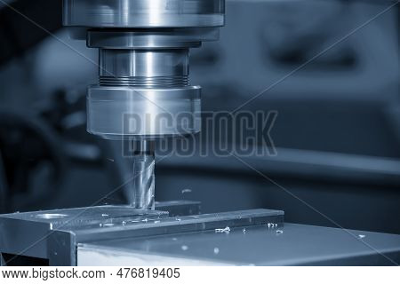 The Drilling Process On Nc Milling Machine With Brass Material. The Metal Working Concept On The Mil