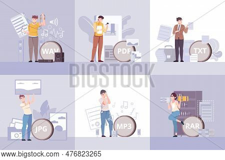 File Set Of Six Square Compositions With Flat Human Characters Of Professionals Using Different File