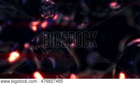 Orange Lighting Transparent Fluid Metaspheres On Black Backdrop - Abstract 3d Rendering