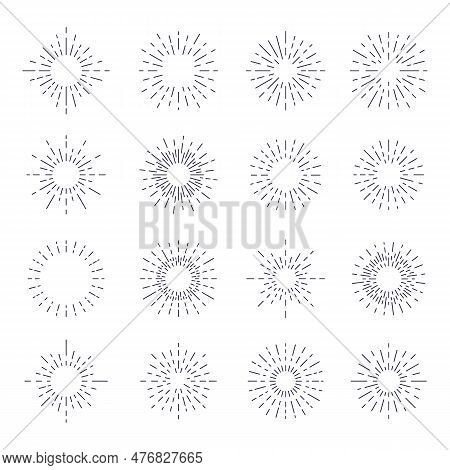 Starburst, Lightrays Icons. 16 Vintage Background Elements. Sunburst, Sunrise, Fireworks Isolated On
