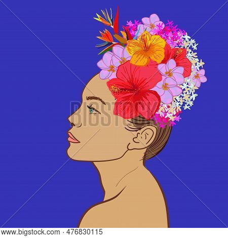 Woman With Flower Head. Tropical Flowers.  Vector Illustration.