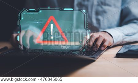 Programmer And Virtual Icons, Exclamation Mark ,alarm,computer Virus Detected ,danger Warning Concep