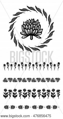 Set Of Floral Vector Borders With Flower Motif In Scandi Wreath. Organic Folk Art Logo Group In Deco