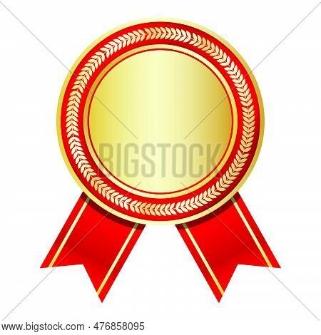 Golden Medal With Red Ribbon. Gold Badge With Red Ribbon. Blank Gold Medal. Champion And Winner Awar