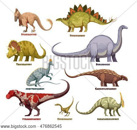 Dinosaurs Colored Cartoon Set With Text Description Isolated On White Background Vector Illustration