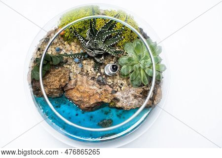 Florarium In A Glass Vase With Haworthia, Pachyphytum And Other Succulents Near The Sea.