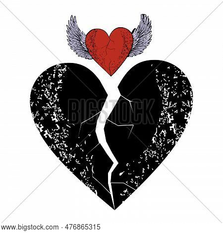 T-shirt Design Of A Large Black Heart And A Winged Red Heart Isolated On White