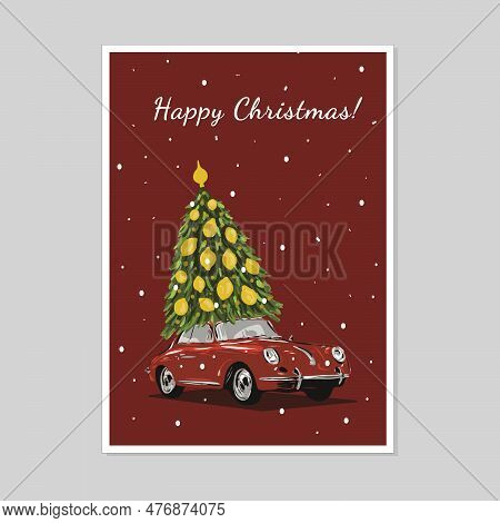 Merry Christmas Illustration Vector Template Design. Christmas Postcard With Red Car And Chrisrmas T