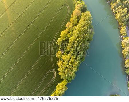 Panoramic Aerial View On Green Premier Cru Champagne Vineyards And Fields Near Village Hautvillers A
