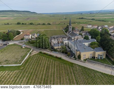 Panoramic Aerial View On Green Grand Cru Champagne Vineyards Near Villages Avize And Oger, Cotes Des