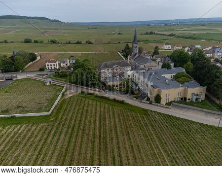 Panoramic Aerial View On Green Grand Cru Champagne Vineyards Near Villages Avize And Oger, Cotes Des