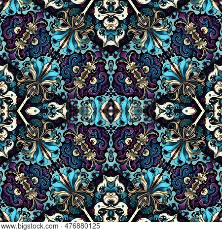 Ornamental Victorian Seamless Wallpaper In Roccoco Style. Repeat Tile Of Ornate Botanical Baroque De