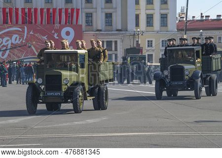 St. Petersburg, Russia - May 09, 2023: Trucks Zis-5 With Soldiers And Sailors In The Uniforms Of The