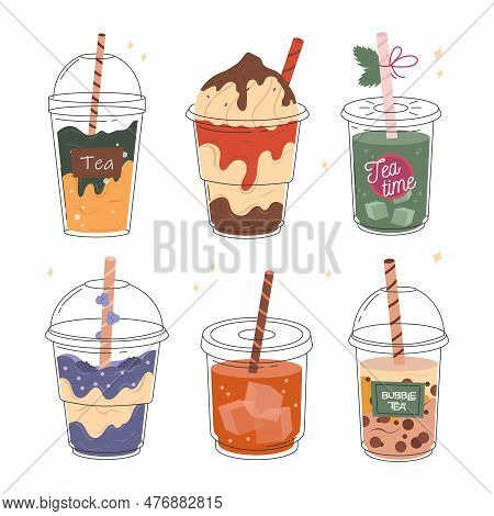 Milkshake And Taiwanese Bubble Tea. A Set Of Soft Drinks And Iced Tea. Pearl Milk Tea, Yummy Drinks,