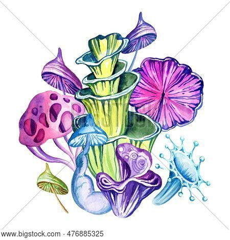Watercolor Composition Of Fantastic Cosmic Mushrooms And Stas On White Background, Hand Draw Illustr