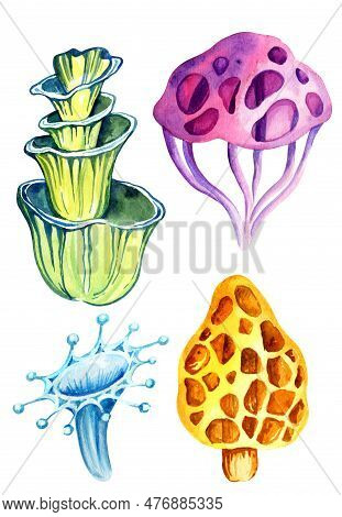 Watercolor Composition Of Fantastic Cosmic Mushrooms And Stas On White Background, Hand Draw Illustr