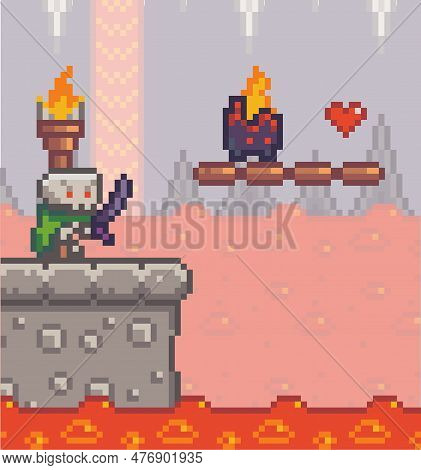 Pixel Game Interface. Aggresive Mob, Npc, Skeleton With Sword. Unstable Platform With Burning Danger