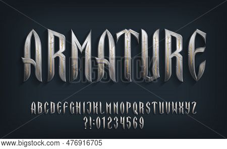 Armature Alphabet Font. Distressed Metal Ornate Letters, Numbers And Symbols. Stock Vector Typescrip