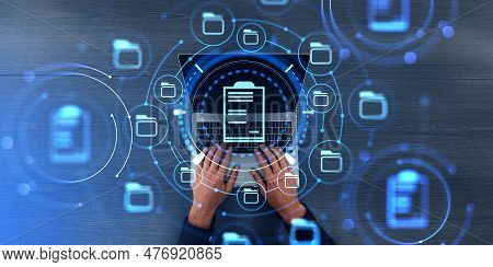 Businessman Hands Working With Laptop, Top View Double Exposure With Online Documentation System And