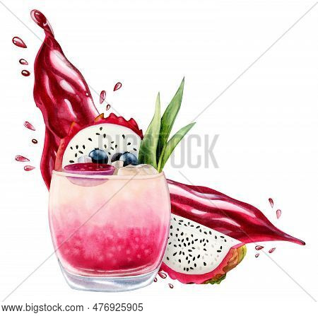 Pink Dragon Fruit Cocktail Lemonade With Pitaya Slices And Juice Watercolor Illustration Isolated On
