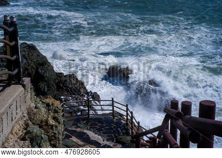 Aerial View Of Oryukdo Sunrise Coastal Walk Along Igidae Trail In Busan, South Korea