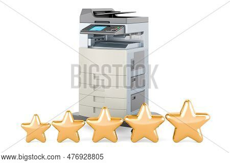 Office Multifunction Printer Mfp With Five Golden Stars. 3d Rendering Isolated On White Background