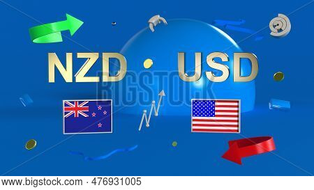 Gold-plated Nzd And Usd Symbols With New Zealand And Us Flags Set Against Abstract Shapes, Arrows An