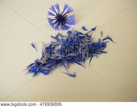 Herbal Blue Cornflower Flower Petals On A Wooden Board