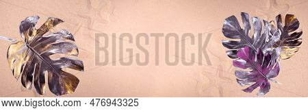 Summer Vacation Concept Banner With Monstera Leaf On A Sand Surface. Summerbackground Good For Seaso