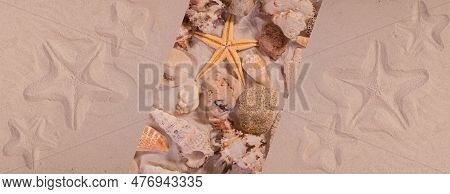 Summer Vacation Concept Banner With Starfish Trace On A Sand Surface. Summerbackground Good For Seas