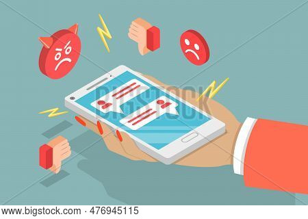 3d Isometric Flat Vector Conceptual Illustration Of Angry Feedback, Online Dislike