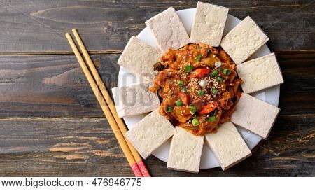 Korean Food, Tofu And Stir Fried Kimchi With Pork (dubu Kimchi), Table Top View