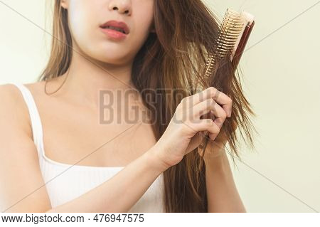 Damaged Hair, Frustrated Asian Young Woman, Girl Hand In Holding Brush Splitting Ends Messy While Co