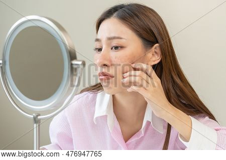 Dermatology, Expression Face Worry Asian Young Woman Looking Mirror Hand Touch Facial At Dark Spot O
