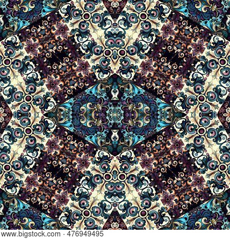 Ornamental Victorian Seamless Wallpaper In Roccoco Style. Repeat Tile Of Ornate Botanical Baroque De