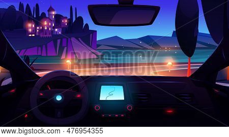 Night Coast Car Ride To Village Island Landscape. Sea View Vector Mediterranean Cartoon Background. 
