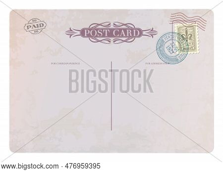 Antique Postcard, Retro Postage Stamp On Vintage Mail, Vector Background. Old Post Card Or Paper Pos