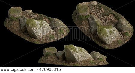 3d Illustration Of Moss Covered Rocks, Placed On Moss Shelf Isolated On Black Background