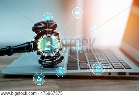 Smart Law, Legal Advice Icons And Lawyer Working Tools In The Lawyers Office Showing Concept Of Digi