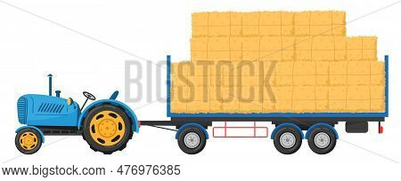 Cartoon Agricultural Haycock. Tractor With Trailer Full Of Hay, Rural Dried Haystack In Trailer, Fod
