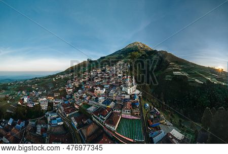 Aerial View The Beauty Of Building Houses In The Countryside Of The Mountainside In The Morning. Nep